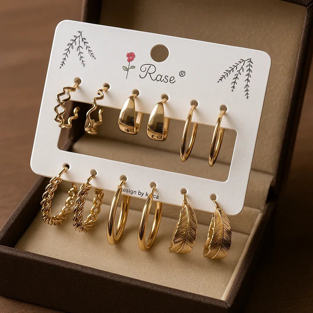 Golden Glow Earring Combo Set – 6-in-1 Glam Edition - Kemyu