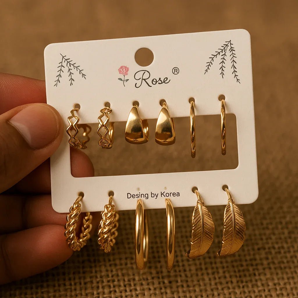 Golden Glow Earring Combo Set – 6-in-1 Glam Edition - Kemyu