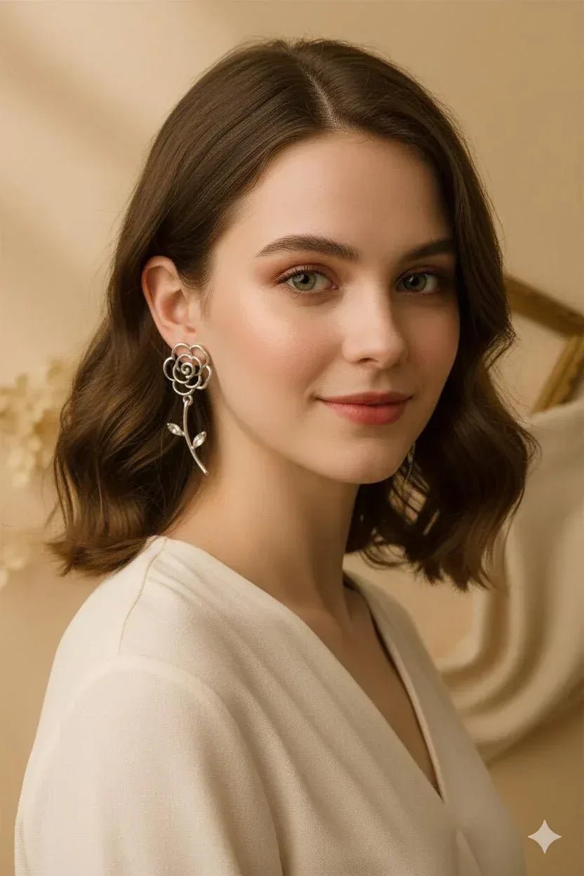 Silver Bloom: Intricate Floral Drop Earrings - Kemyu