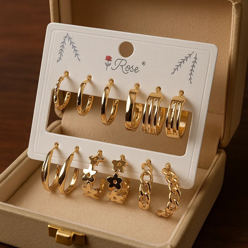 Golden Glow Earring Set – 6 Radiant Styles in One Box! - Kemyu